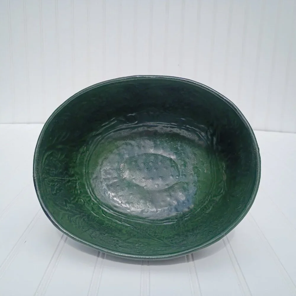 Vintage Floral Embossed Green Metal Oval Planter Cast Brass Pedestal Bowl MCM